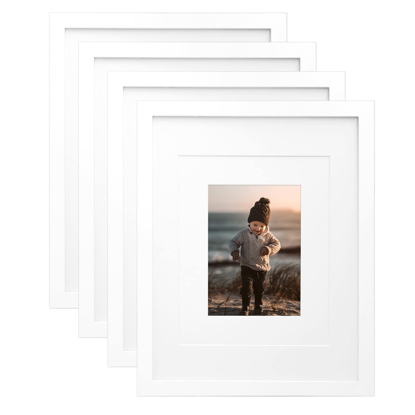 KINLINK 8x10 Picture Frames Natural Wood Frames with Acrylic Plexiglass for Pictures 4x6/5x7 with Mat or 8x10 without Mat, Tabletop and Wall Mounting Display, Set of 4