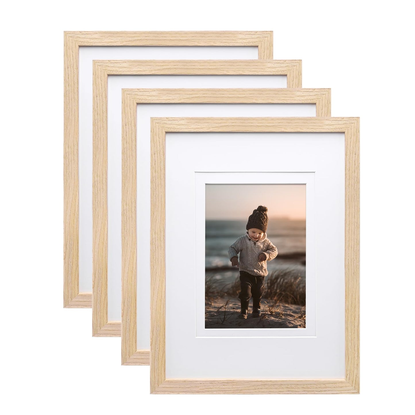 KINLINK 8x10 Picture Frames Natural Wood Frames with Acrylic Plexiglass for Pictures 4x6/5x7 with Mat or 8x10 without Mat, Tabletop and Wall Mounting Display, Set of 4