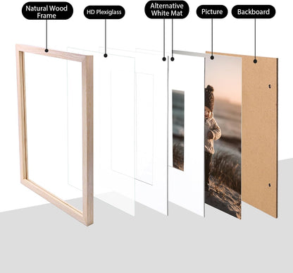 KINLINK 8x10 Picture Frames Natural Wood Frames with Acrylic Plexiglass for Pictures 4x6/5x7 with Mat or 8x10 without Mat, Tabletop and Wall Mounting Display, Set of 4