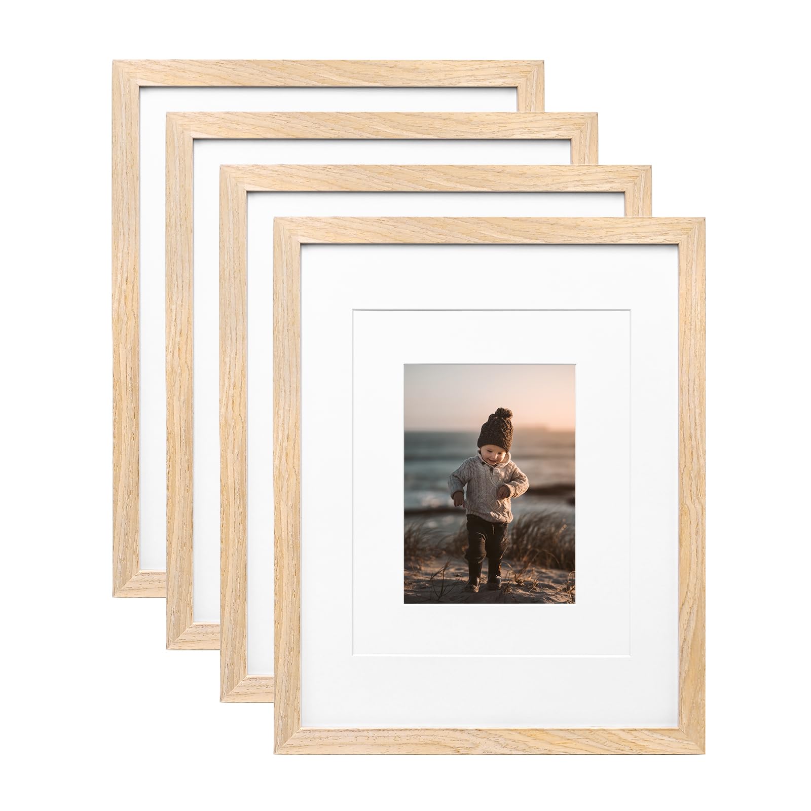 KINLINK 8x10 Picture Frames Natural Wood Frames with Acrylic Plexiglass for Pictures 4x6/5x7 with Mat or 8x10 without Mat, Tabletop and Wall Mounting Display, Set of 4