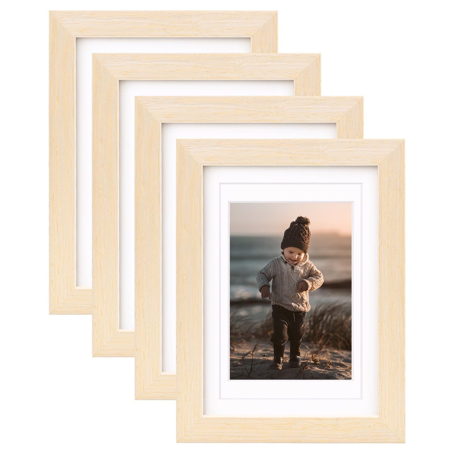 KINLINK 8x10 Picture Frames Natural Wood Frames with Acrylic Plexiglass for Pictures 4x6/5x7 with Mat or 8x10 without Mat, Tabletop and Wall Mounting Display, Set of 4