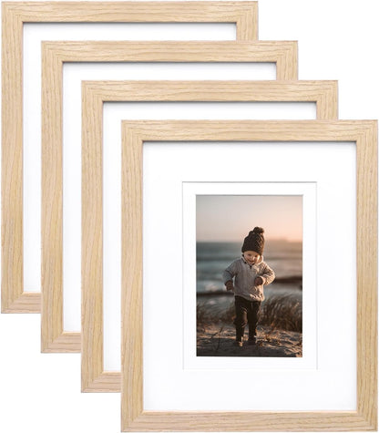 KINLINK 8x10 Picture Frames Natural Wood Frames with Acrylic Plexiglass for Pictures 4x6/5x7 with Mat or 8x10 without Mat, Tabletop and Wall Mounting Display, Set of 4