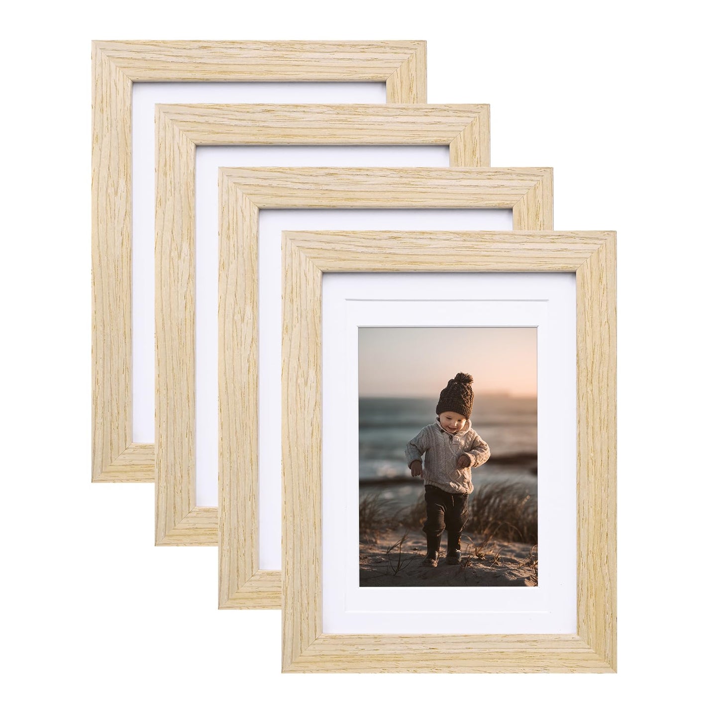 KINLINK 8x10 Picture Frames Natural Wood Frames with Acrylic Plexiglass for Pictures 4x6/5x7 with Mat or 8x10 without Mat, Tabletop and Wall Mounting Display, Set of 4