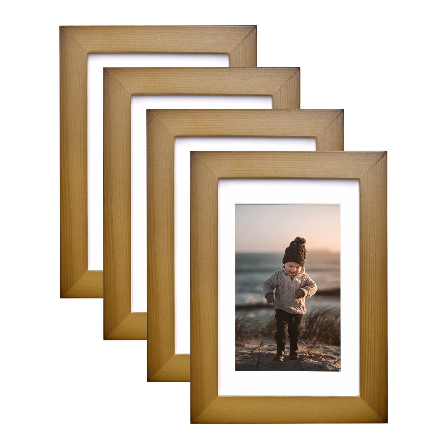 KINLINK 8x10 Picture Frames Natural Wood Frames with Acrylic Plexiglass for Pictures 4x6/5x7 with Mat or 8x10 without Mat, Tabletop and Wall Mounting Display, Set of 4