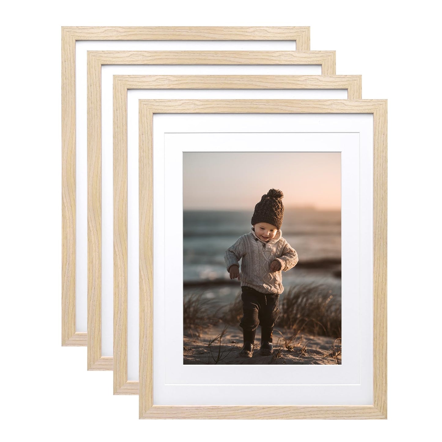 KINLINK 8x10 Picture Frames Natural Wood Frames with Acrylic Plexiglass for Pictures 4x6/5x7 with Mat or 8x10 without Mat, Tabletop and Wall Mounting Display, Set of 4