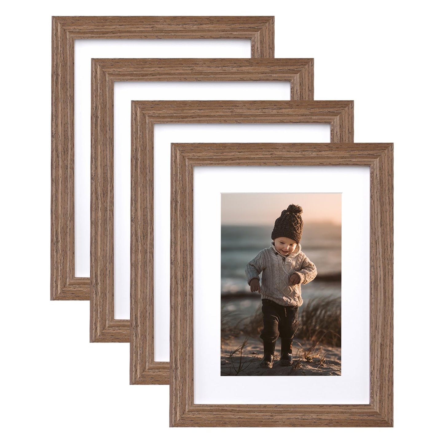 KINLINK 8x10 Picture Frames Natural Wood Frames with Acrylic Plexiglass for Pictures 4x6/5x7 with Mat or 8x10 without Mat, Tabletop and Wall Mounting Display, Set of 4