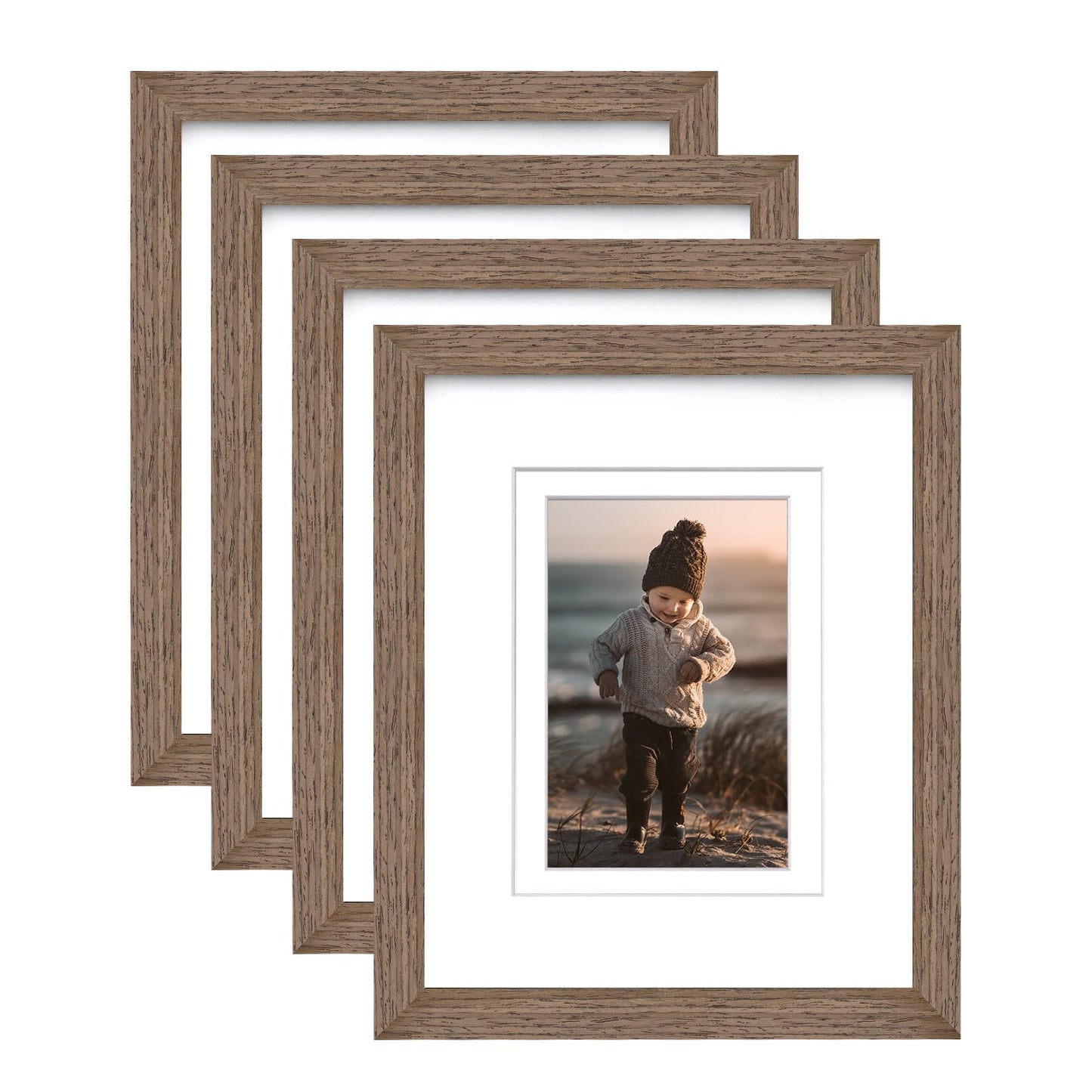 KINLINK 8x10 Picture Frames Natural Wood Frames with Acrylic Plexiglass for Pictures 4x6/5x7 with Mat or 8x10 without Mat, Tabletop and Wall Mounting Display, Set of 4