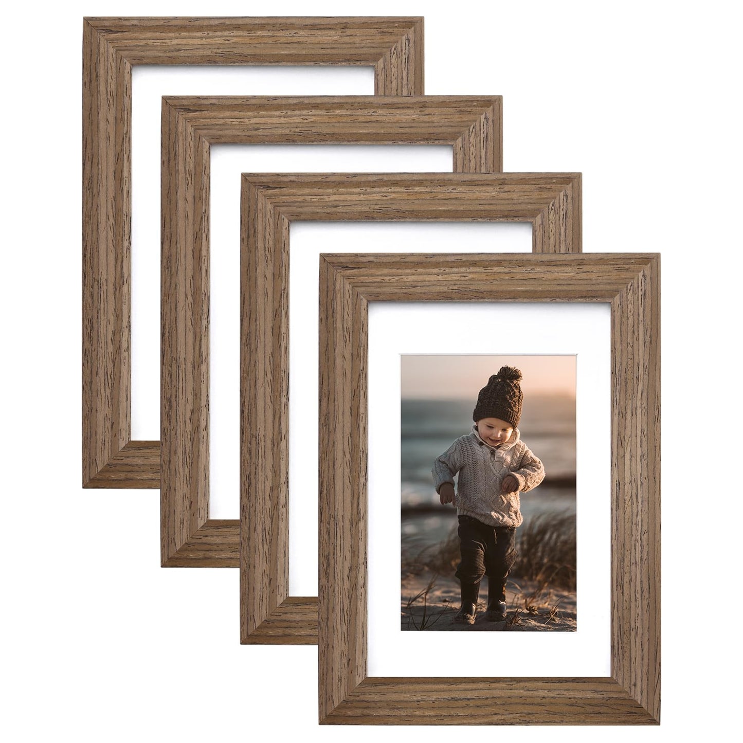 KINLINK 8x10 Picture Frames Natural Wood Frames with Acrylic Plexiglass for Pictures 4x6/5x7 with Mat or 8x10 without Mat, Tabletop and Wall Mounting Display, Set of 4