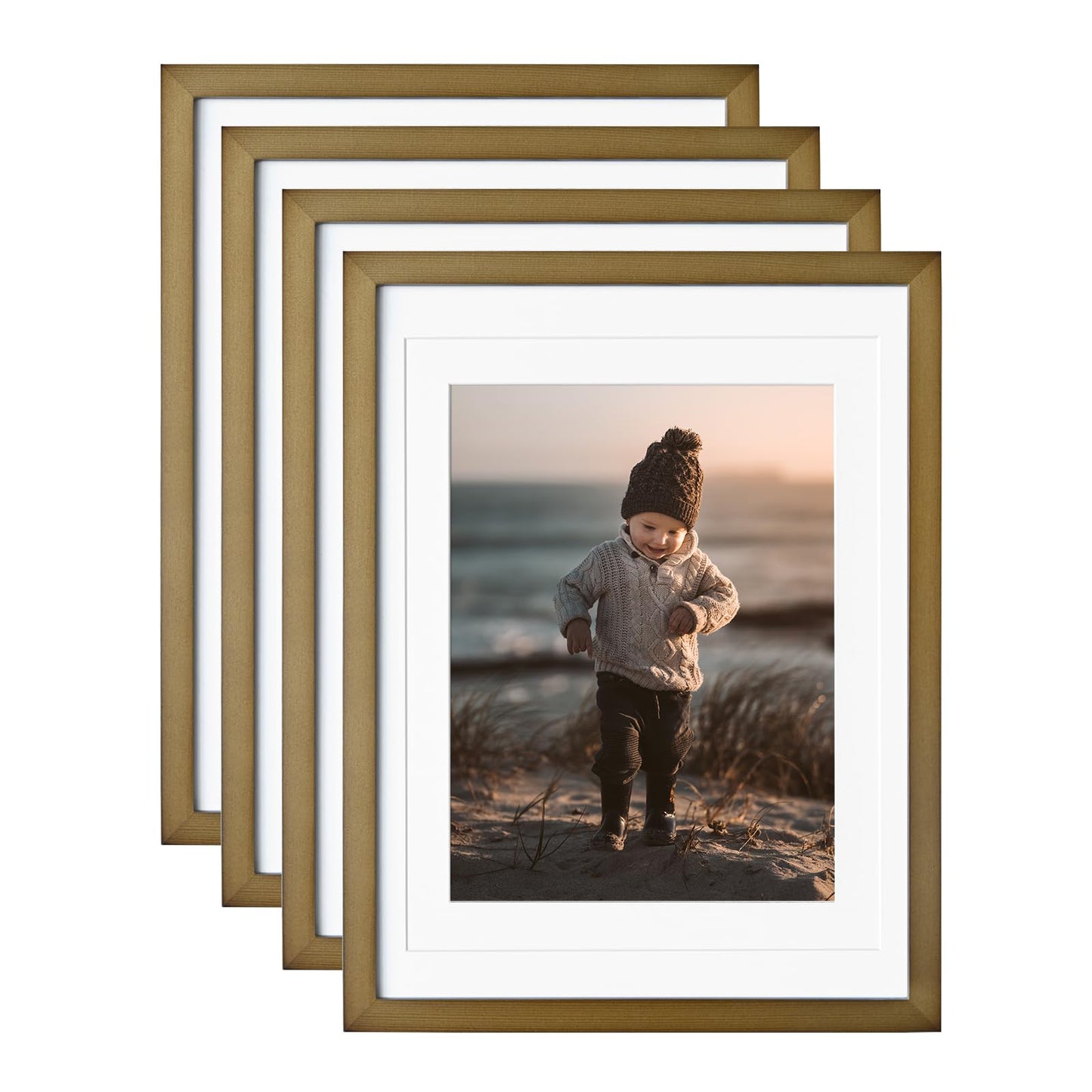 KINLINK 8x10 Picture Frames Natural Wood Frames with Acrylic Plexiglass for Pictures 4x6/5x7 with Mat or 8x10 without Mat, Tabletop and Wall Mounting Display, Set of 4