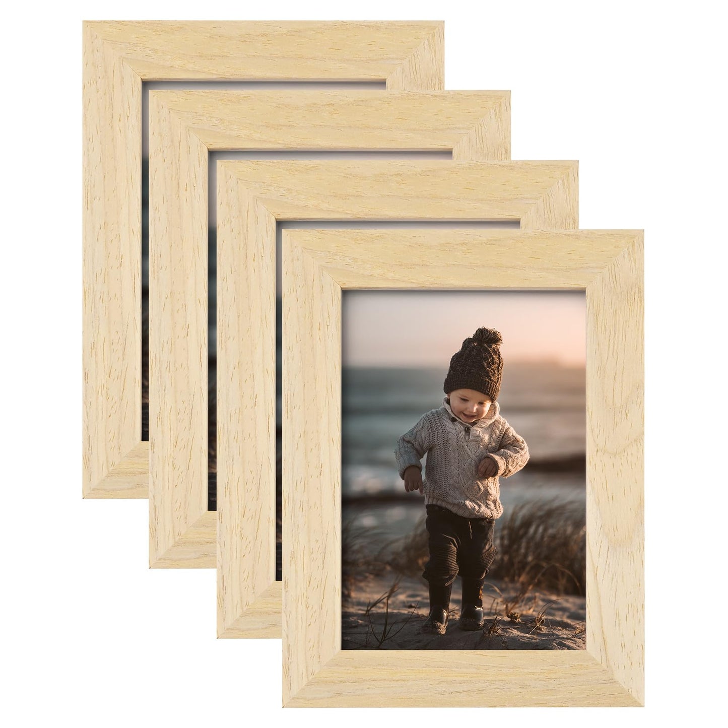 KINLINK 8x10 Picture Frames Natural Wood Frames with Acrylic Plexiglass for Pictures 4x6/5x7 with Mat or 8x10 without Mat, Tabletop and Wall Mounting Display, Set of 4