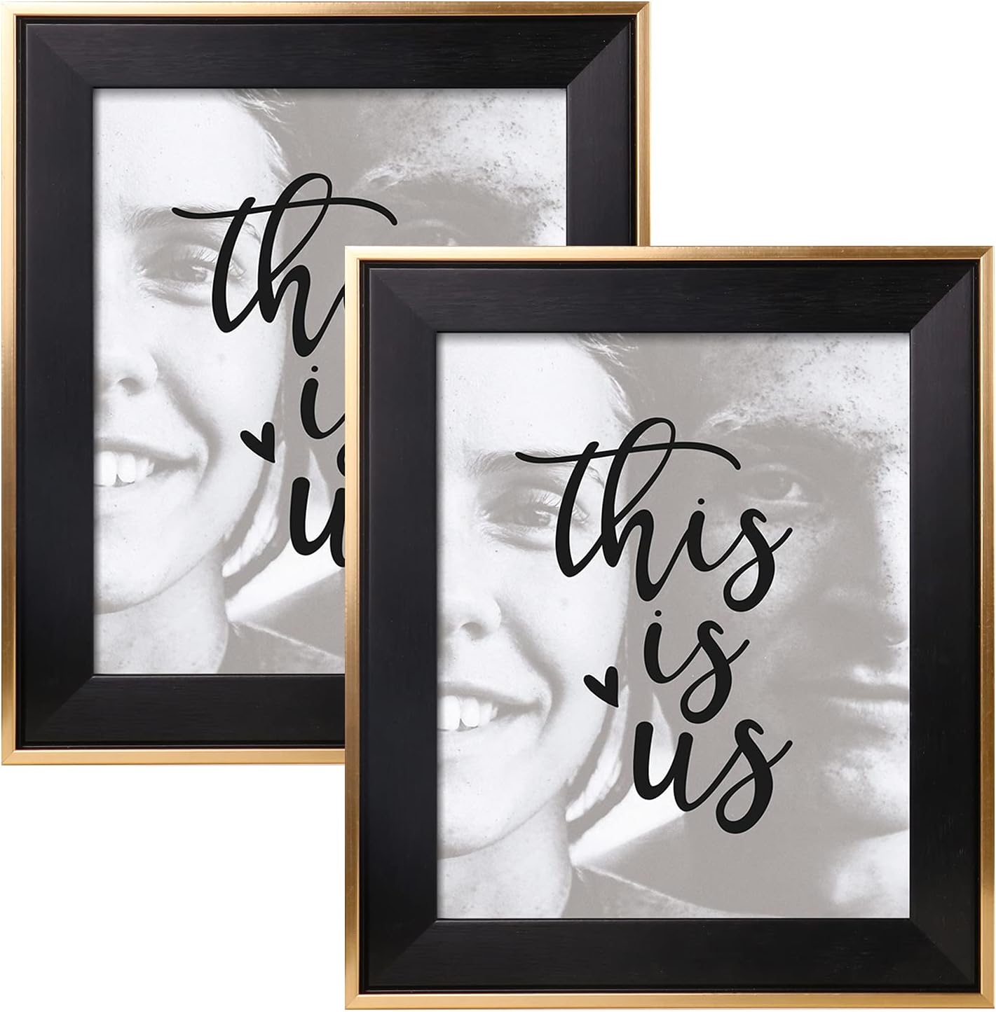 ArtbyHannah 2 Pack 8x10 Inch Black Gold Picture Frame Set with High Definition Glass for Tabletop Display and Wall Mounting Photo Frame for Wedding or Home Decoration Mother's Day Gift