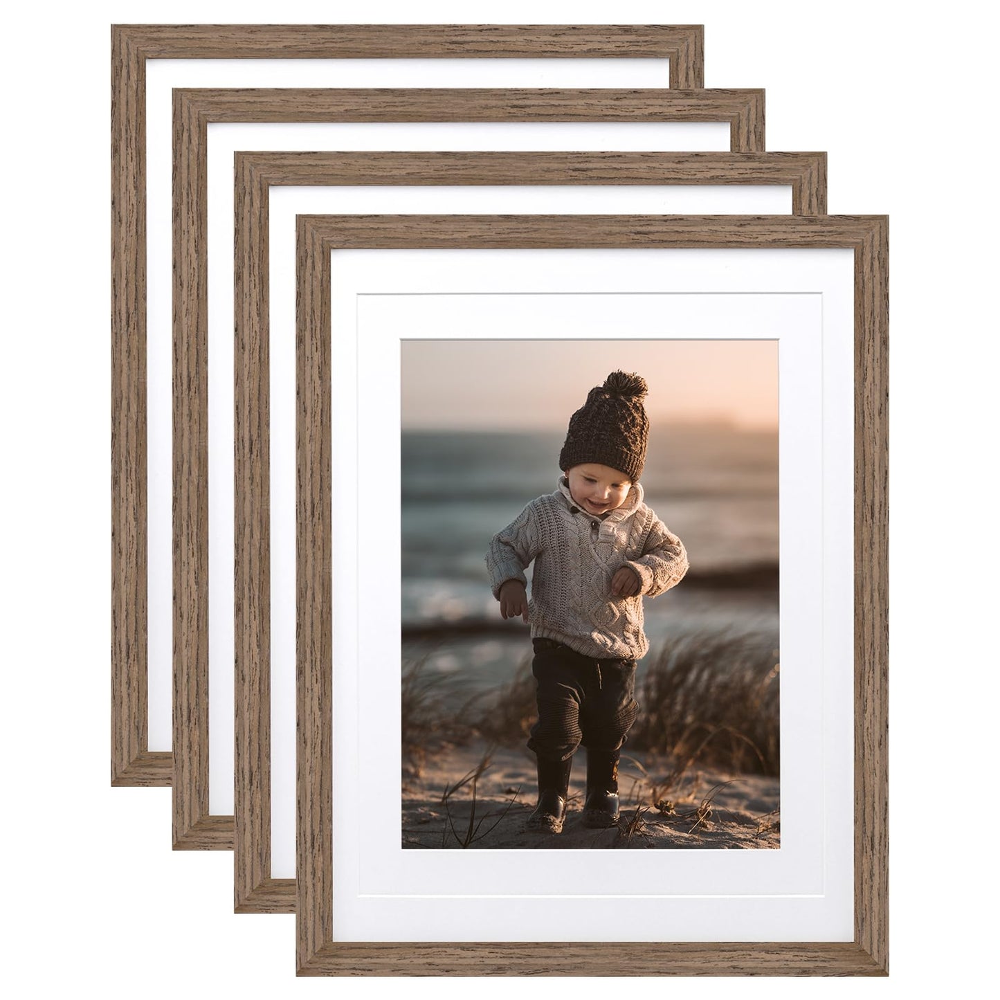 KINLINK 8x10 Picture Frames Natural Wood Frames with Acrylic Plexiglass for Pictures 4x6/5x7 with Mat or 8x10 without Mat, Tabletop and Wall Mounting Display, Set of 4