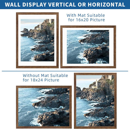 18x24 Frame Set of 2, Rustic Brown Wood Style - Display 18 x 24 Poster without Mat or 16x24 Picture with Mat, Wall Mounting Horizontal and Vertical