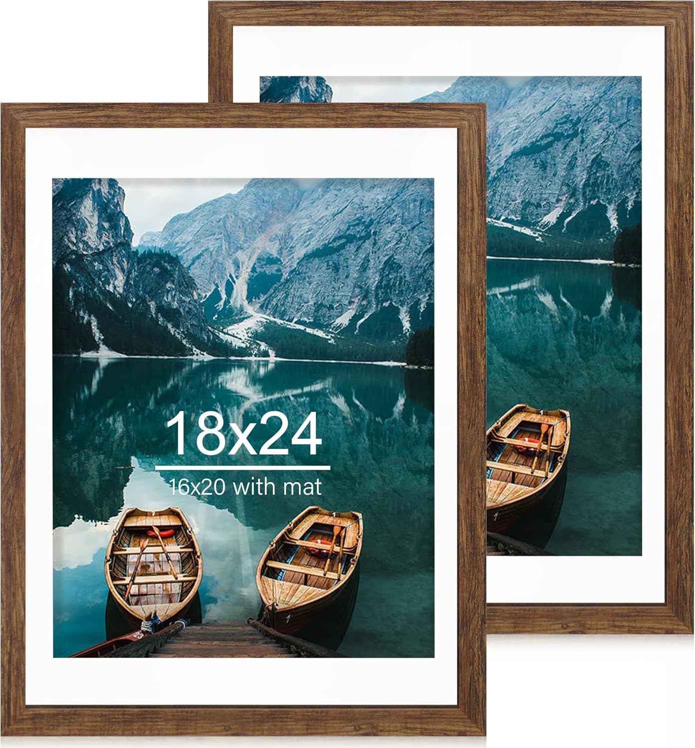 18x24 Frame Set of 2, Rustic Brown Wood Style - Display 18 x 24 Poster without Mat or 16x24 Picture with Mat, Wall Mounting Horizontal and Vertical